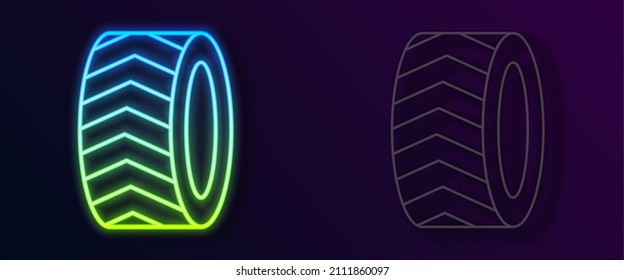 Glowing neon line Car tire wheel icon isolated on black background.  Vector