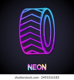 Glowing neon line Car tire wheel icon isolated on black background.  Vector