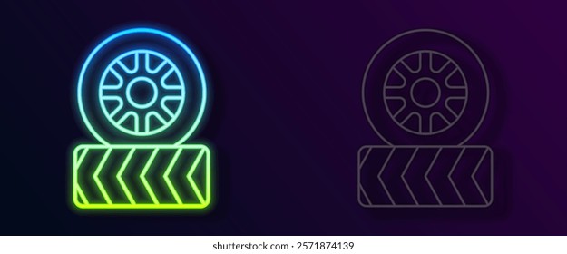 Glowing neon line Car tire wheel icon isolated on black background.  Vector