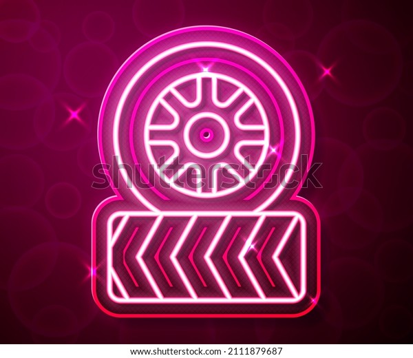 Glowing neon line Car tire wheel icon isolated on\
red background. \
Vector