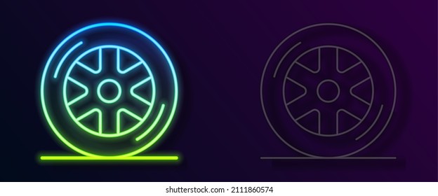 Glowing neon line Car wheel icon isolated on black background.  Vector