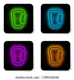 Glowing neon line Carabiner icon isolated on white background. Extreme sport. Sport equipment. Black square button. Vector Illustration