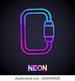 Glowing neon line Carabiner icon isolated on black background. Extreme sport. Sport equipment.  Vector