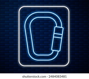 Glowing neon line Carabiner icon isolated on brick wall background. Extreme sport. Sport equipment.  Vector