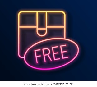 Glowing neon line Cardboard box with free symbol icon isolated on black background. Box, package, parcel sign. Delivery, transportation and shipping.  Vector