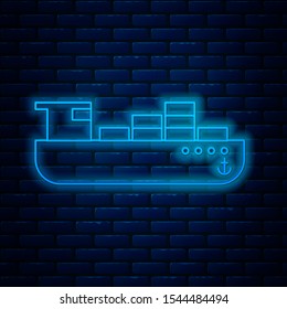 Glowing neon line Cargo ship with boxes delivery service icon isolated on brick wall background. Delivery, transportation. Freighter with parcels, boxes, goods.  Vector Illustration