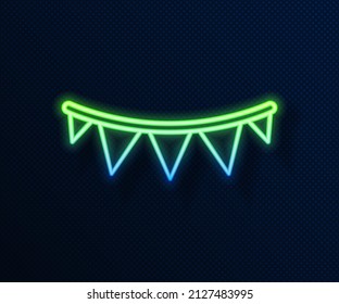 Glowing neon line Carnival garland with flags icon isolated on blue background. Party pennants for birthday celebration, festival decoration.  Vector