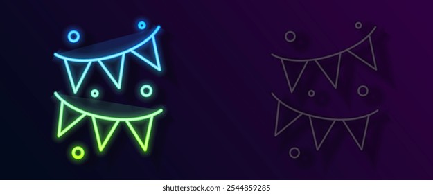 Guirnalda de neón brillante de la línea del carnaval con el icono de las banderas aislado en fondo negro. Banderines de fiesta para celebración de cumpleaños, festival y decoración de feria.  Vector