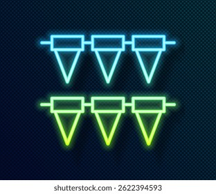 Glowing neon line Carnival garland with flags icon isolated on black background. Party pennants for birthday celebration, festival decoration.  Vector