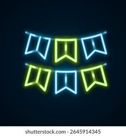 Glowing neon line Carnival garland with flags icon isolated on black background. Party pennants for birthday celebration, festival decoration. Colorful outline concept. Vector