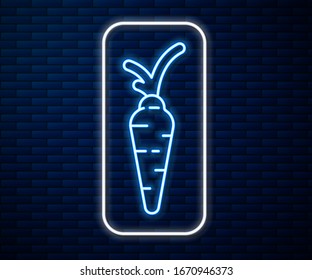 Glowing neon line Carrot icon isolated on brick wall background. Happy Easter.  Vector Illustration