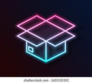 Glowing neon line Carton cardboard box icon isolated on black background. Box, package, parcel sign. Delivery and packaging.  Vector Illustration