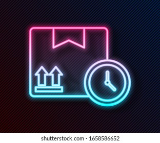 Glowing neon line Carton cardboard box and fast time delivery icon isolated on black background. Box, package, parcel sign. Delivery and packaging.  Vector Illustration