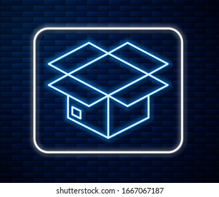Glowing neon line Carton cardboard box icon isolated on brick wall background. Box, package, parcel sign. Delivery and packaging.  Vector Illustration