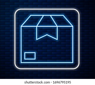 Glowing neon line Carton cardboard box icon isolated on brick wall background. Box, package, parcel sign. Delivery and packaging.  Vector Illustration