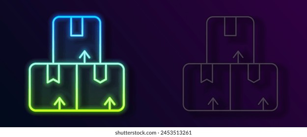 Glowing neon line Carton cardboard box icon isolated on black background. Box, package, parcel sign. Delivery and packaging.  Vector