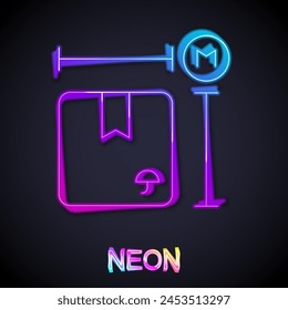 Glowing neon line Carton cardboard box measurement icon isolated on black background. Box, package, parcel sign. Delivery and packaging.  Vector