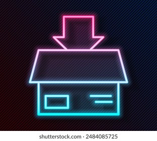 Glowing neon line Carton cardboard box icon isolated on black background. Box, package, parcel sign. Delivery and packaging.  Vector Illustration