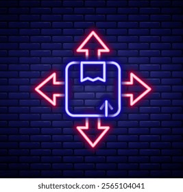 Glowing neon line Carton cardboard box icon isolated on brick wall background. Box, package, parcel sign. Delivery and packaging. Colorful outline concept. Vector