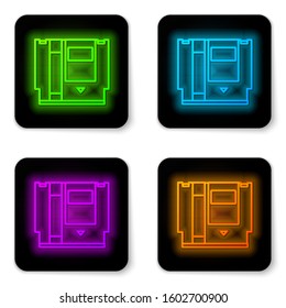 Glowing neon line Cartridge for retro game console icon isolated on white background. TV Game cartridge. Black square button. Vector Illustration