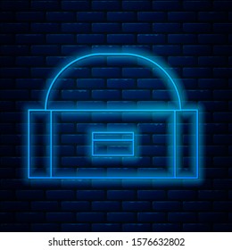 Glowing neon line Case or box container for wobbler and gear fishing equipment icon isolated on brick wall background. Fishing tackle.  Vector Illustration