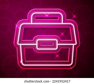 Glowing neon line Case or box container for wobbler and gear fishing equipment icon isolated on red background. Fishing tackle.  Vector