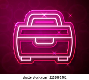 Glowing neon line Case or box container for wobbler and gear fishing equipment icon isolated on red background. Fishing tackle.  Vector