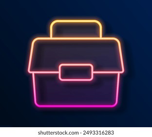 Glowing neon line Case or box container for wobbler and gear fishing equipment icon isolated on black background. Fishing tackle.  Vector