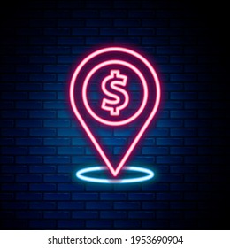 Glowing neon line Cash location pin icon isolated on brick wall background. Pointer and dollar symbol. Money location. Business and investment concept. Colorful outline concept. Vector