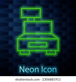 Glowing neon line Cash register machine with a check icon isolated on brick wall background. Cashier sign. Cashbox symbol.  Vector Illustration