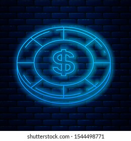 Glowing neon line Casino chip with dollar symbol icon isolated on brick wall background. Casino gambling.  Vector Illustration