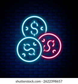 Glowing neon line Casino chip with dollar symbol icon isolated on brick wall background. Casino gambling. Colorful outline concept. Vector