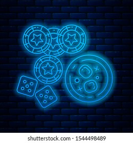 Glowing neon line Casino chips, game dice and glass of whiskey with ice cubes icon isolated on brick wall background. Casino poker.  Vector Illustration