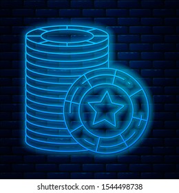 Glowing neon line Casino chips icon isolated on brick wall background. Casino gambling.  Vector Illustration