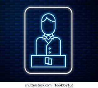 Glowing Neon Line Casino Dealer Icon Isolated On Brick Wall Background. Casino Croupier.  Vector Illustration