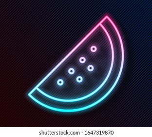 Glowing neon line Casino slot machine with watermelon symbol icon isolated on black background. Gambling games.  Vector Illustration