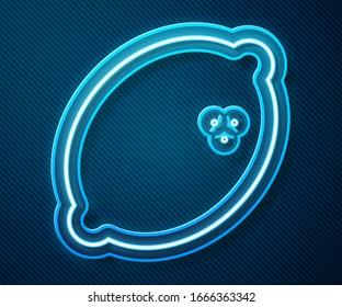 Glowing neon line Casino slot machine with lemon symbol icon isolated on blue background. Gambling games.  Vector Illustration