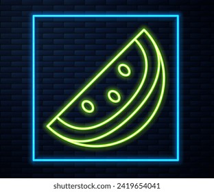 Glowing neon line Casino slot machine with watermelon symbol icon isolated on brick wall background. Gambling games.  Vector