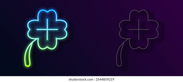 Glowing neon line Casino slot machine with clover symbol icon isolated on black background. Gambling games.  Vector