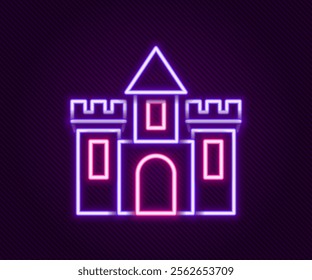 Glowing neon line Castle icon isolated on black background. Medieval fortress with a tower. Protection from enemies. Reliability and defense of the city. Colorful outline concept. Vector