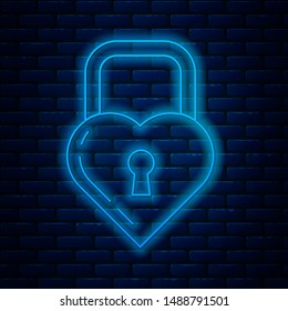 Glowing neon line Castle in the shape of a heart icon isolated on brick wall background. Locked Heart. Love symbol and keyhole sign.  Vector Illustration