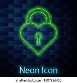 Glowing neon line Castle in the shape of a heart icon isolated on brick wall background. Locked Heart. Love symbol and keyhole sign.  Vector Illustration