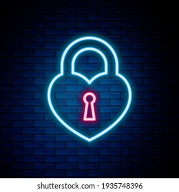 Glowing neon line Castle in the shape of a heart icon isolated on brick wall background. Locked Heart. Love symbol and keyhole sign. Colorful outline concept. Vector