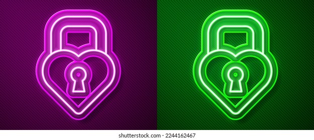 Glowing neon line Castle in the shape of a heart icon isolated on purple and green background. Locked Heart. Love symbol and keyhole sign.  Vector