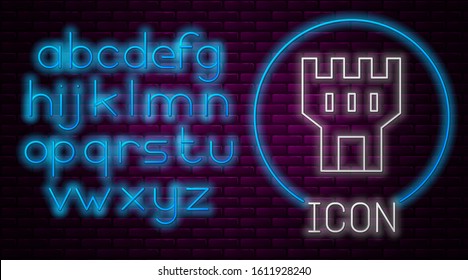 Glowing neon line Castle tower icon isolated on brick wall background. Fortress sign. Neon light alphabet. Vector Illustration