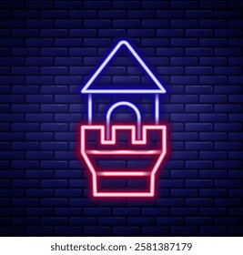 Glowing neon line Castle tower icon isolated on brick wall background. Fortress sign. Colorful outline concept. Vector