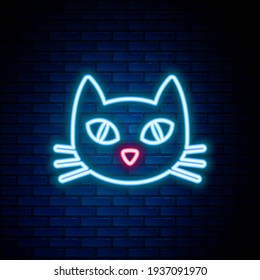 Glowing neon line Cat icon isolated on brick wall background. Colorful outline concept. Vector