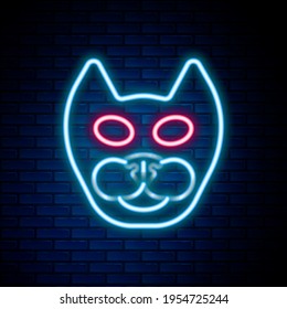 Glowing neon line Cat icon isolated on brick wall background. Colorful outline concept. Vector