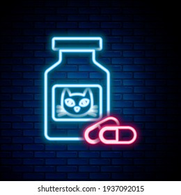 Glowing neon line Cat medicine bottle and pills icon isolated on brick wall background. Container with pills. Prescription medicine for animal. Colorful outline concept. Vector