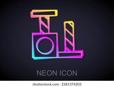 Glowing neon line Cat scratching post with toy icon isolated on black background.  Vector
